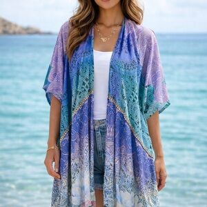 Soft Surroundings Kimono Wrap – One Size – Boho Lotus Print w/ Beaded Trim
